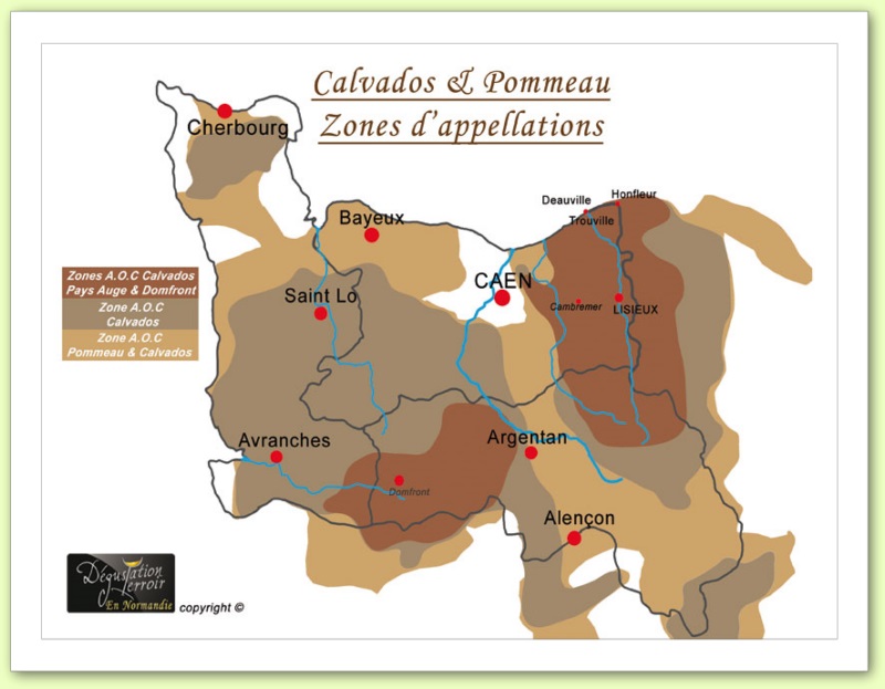 Carte géographique de zones de productions des calvados et pommeau de Normandie