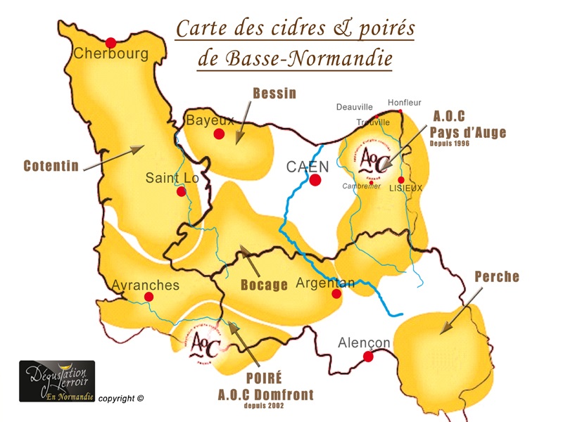 Carte géographique de zones de productions des cidres et poirés de Normandie